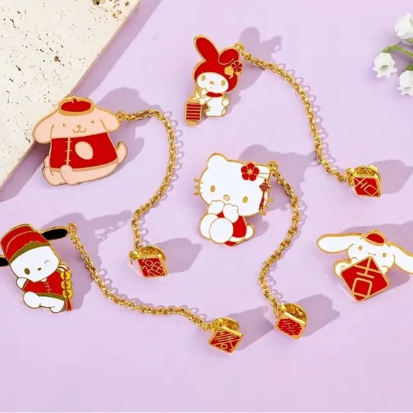 Sanrio 5pcs Hello Kitty Chain Brooch Cute Melody Pins, Metal Badge Jewelry - Picture 4 of 4